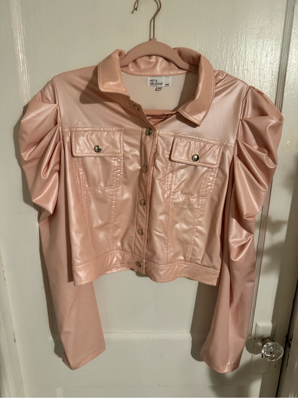 Hot & Delicious Blush Pink Faux Leather Puff-Sleeve Jacket